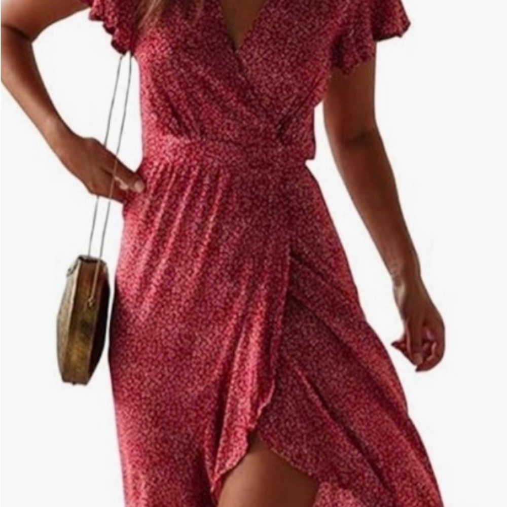 Zesica Red Confetti Print Wrap Midi Dress - Size S (Gently Worn)